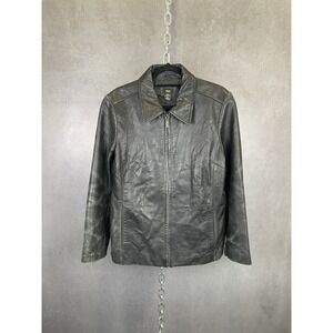 Vintage 90s Black Collared‎ Leather Zip Up Jacket Size Large